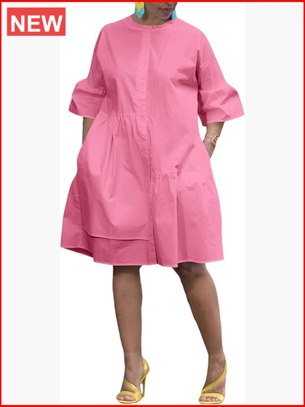 Button Down Shirt Dress with Pockets Bell Sleeve A-Line Midi Tunic